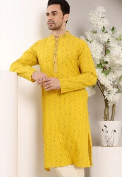 Embroidered Cotton Kurta in Yellow