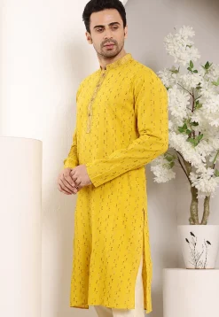 Embroidered Cotton Kurta in Yellow