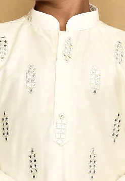 Embroidered Cotton Kurta Set in Off White