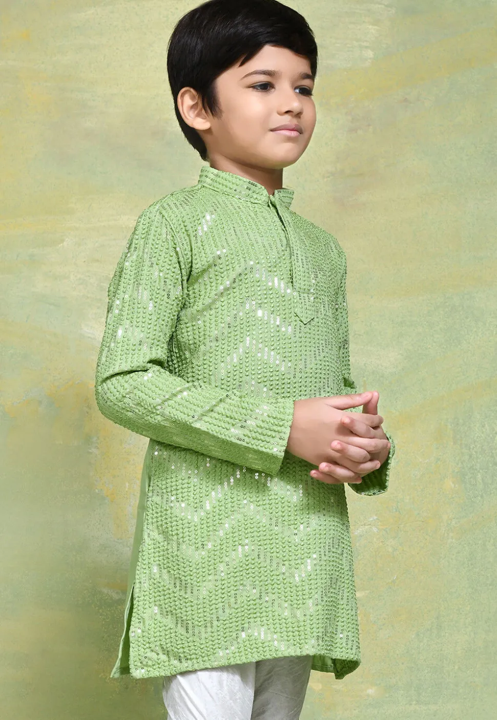 Embroidered Cotton Kurta in Light Green