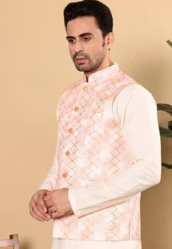 Embroidered Cotton Kurta Set in Off White and Peach