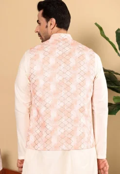 Embroidered Cotton Kurta Set in Off White and Peach