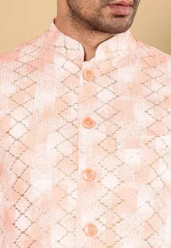 Embroidered Cotton Kurta Set in Off White and Peach