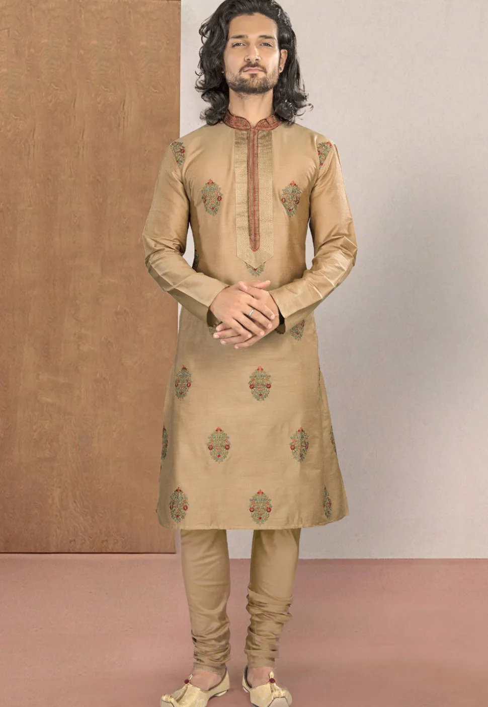 Embroidered Cotton Kurta Set in Beige