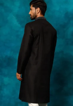 Embroidered Cotton Kurta Set in Black