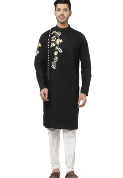 Embroidered Cotton Kurta Set in Black