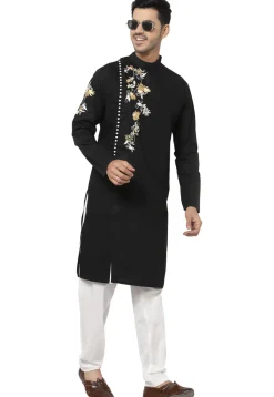 Embroidered Cotton Kurta Set in Black