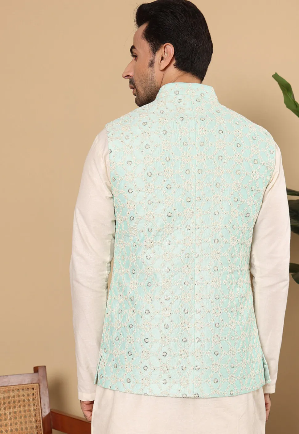 Embroidered Cotton Kurta Set in Off White and Sea Green