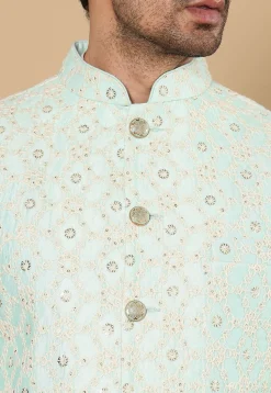 Embroidered Cotton Kurta Set in Off White and Sea Green