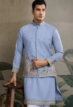 Embroidered Cotton Kurta with Jacket in Blue