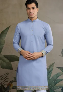 Embroidered Cotton Kurta with Jacket in Blue