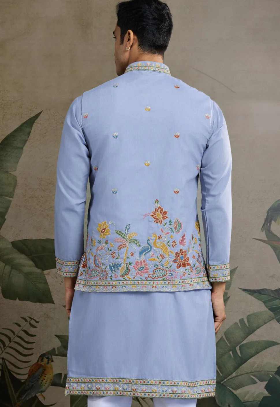 Embroidered Cotton Kurta with Jacket in Blue