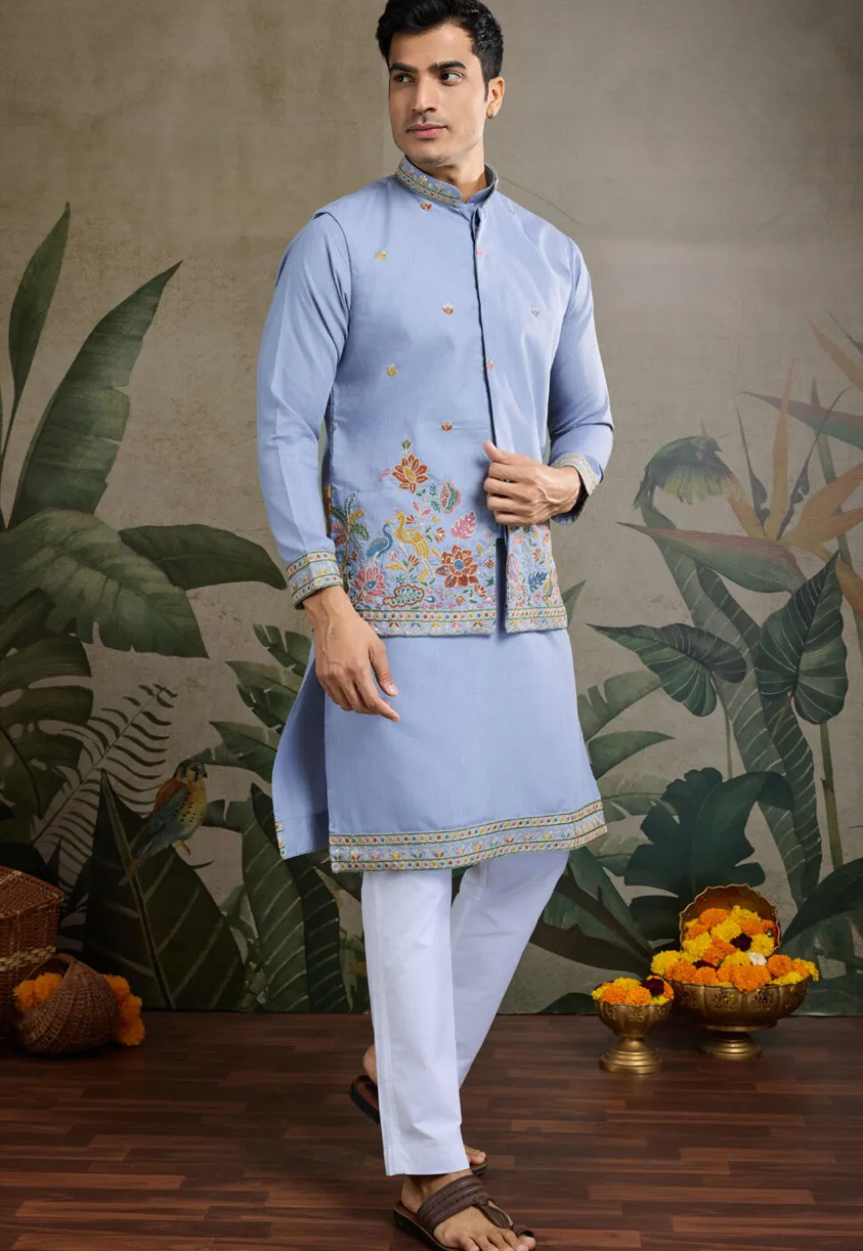 Embroidered Cotton Kurta with Jacket in Blue
