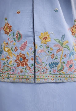 Embroidered Cotton Kurta with Jacket in Blue