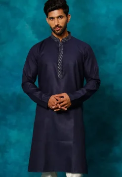 Embroidered Cotton Kurta Set in Navy Blue