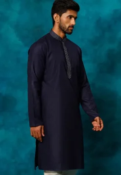 Embroidered Cotton Kurta Set in Navy Blue