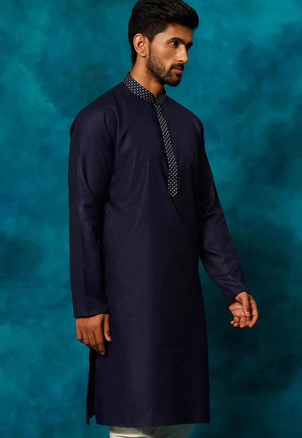 Embroidered Cotton Kurta Set in Navy Blue