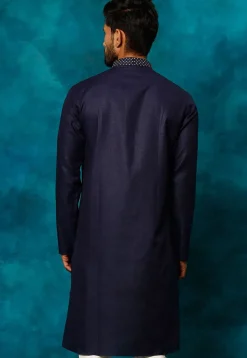 Embroidered Cotton Kurta Set in Navy Blue