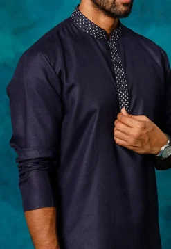 Embroidered Cotton Kurta Set in Navy Blue