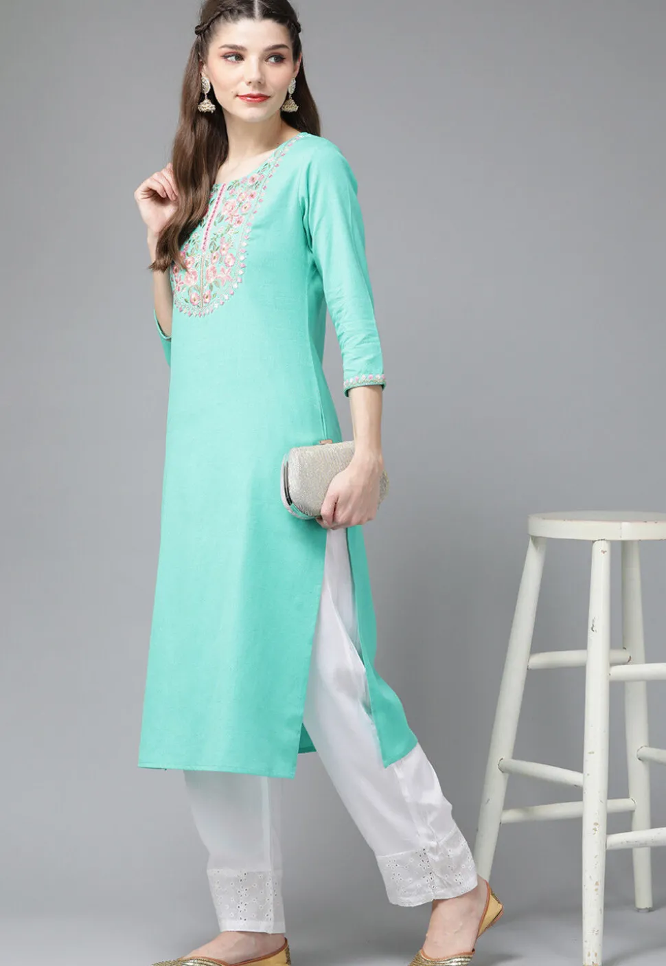 Embroidered Cotton Kurta in Sea Green