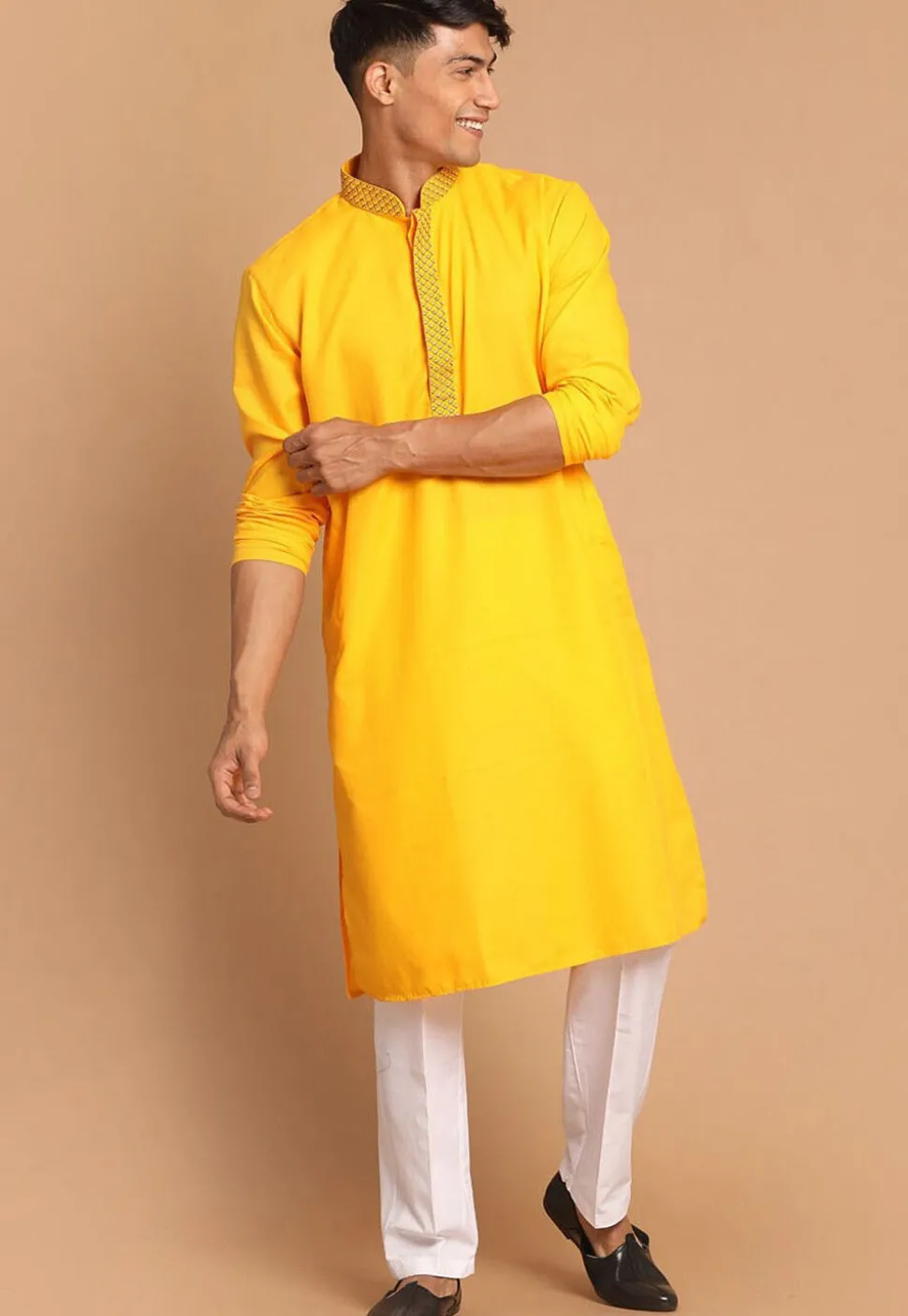 Embroidered Cotton Kurta Set in Yellow