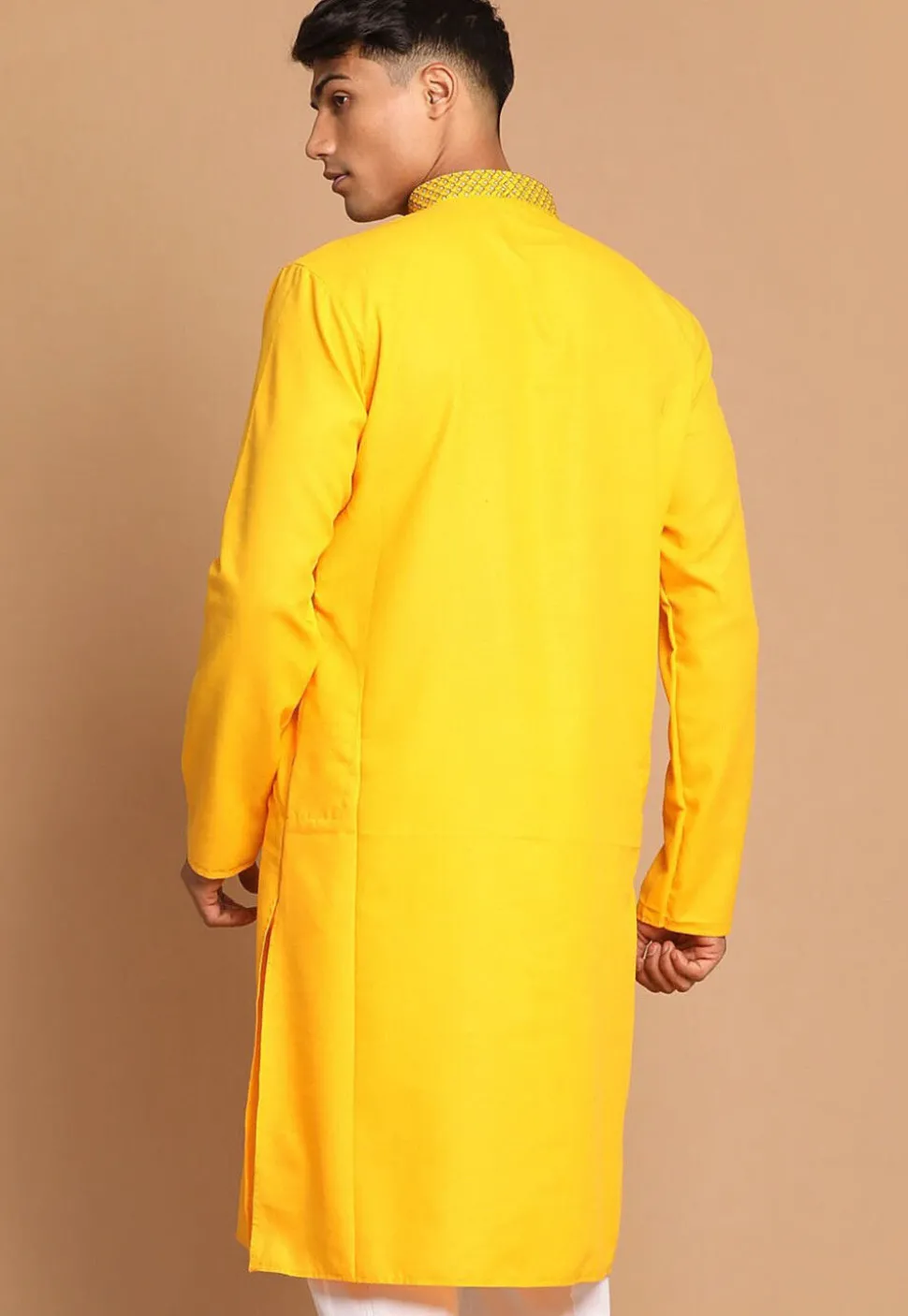 Embroidered Cotton Kurta Set in Yellow