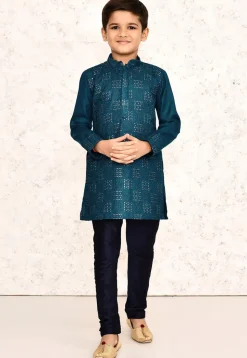 Embroidered Cotton Kurta Set in Teal Blue