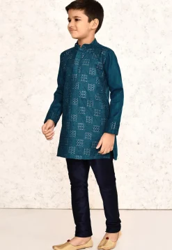 Embroidered Cotton Kurta Set in Teal Blue
