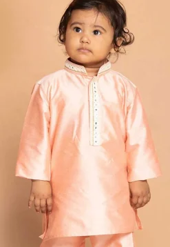 Embroidered Cotton Kurta in Peach