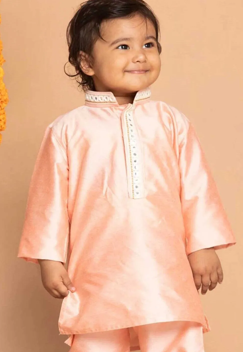 Embroidered Cotton Kurta in Peach