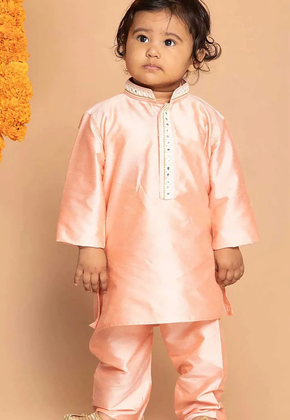 Embroidered Cotton Kurta in Peach