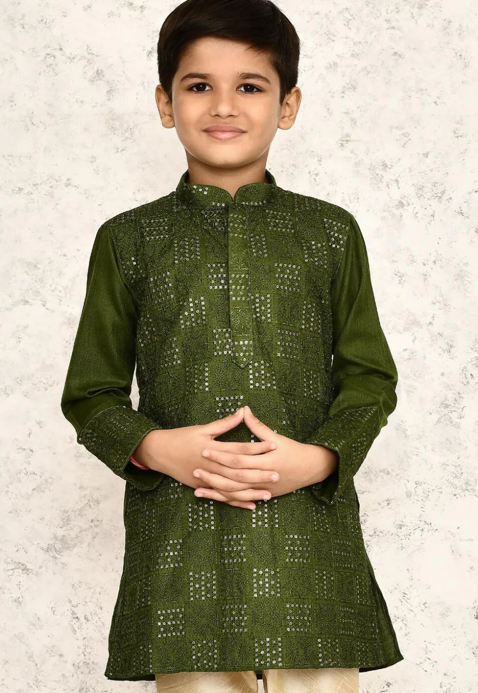 Embroidered Cotton Kurta in Olive Green