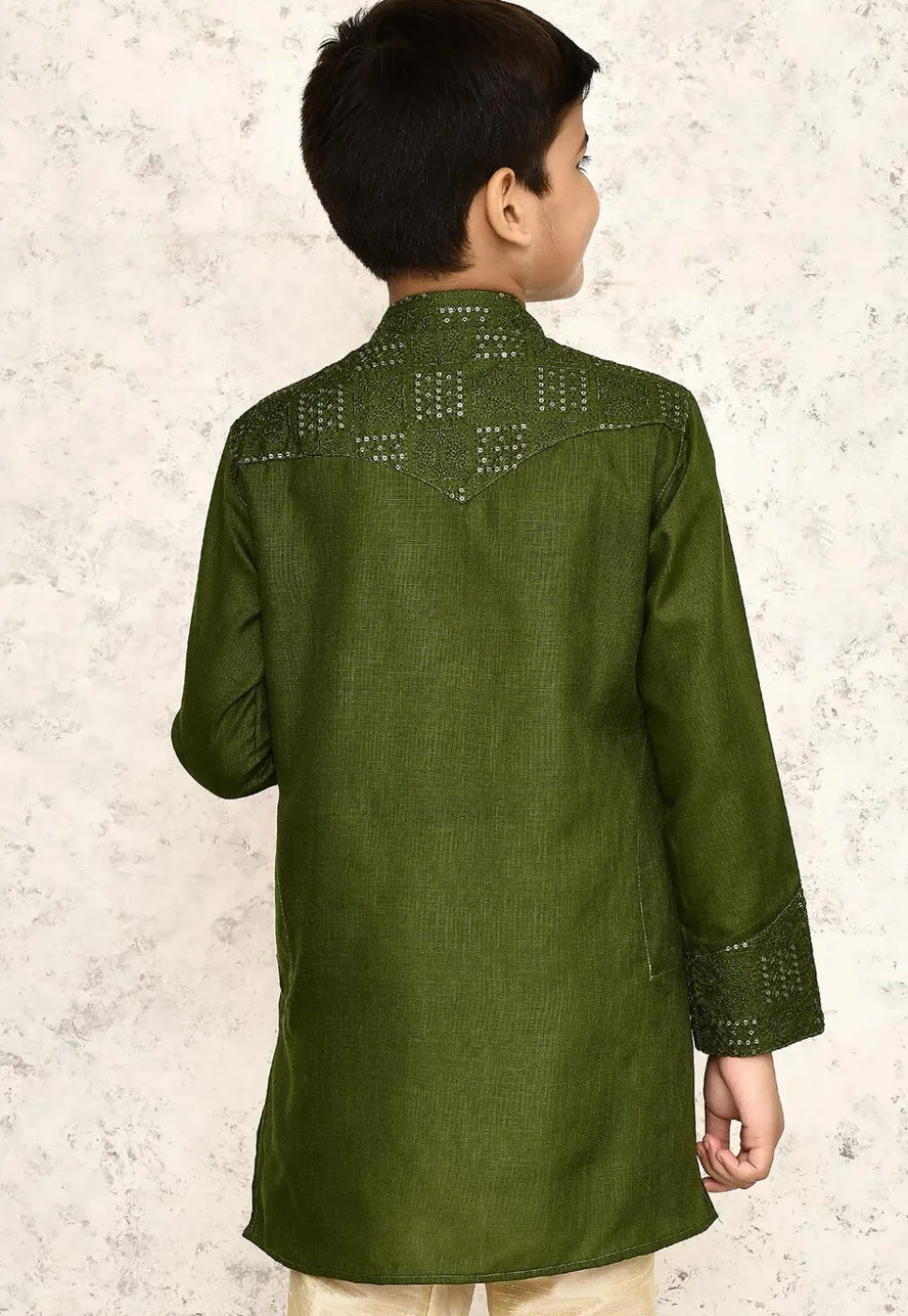 Embroidered Cotton Kurta in Olive Green