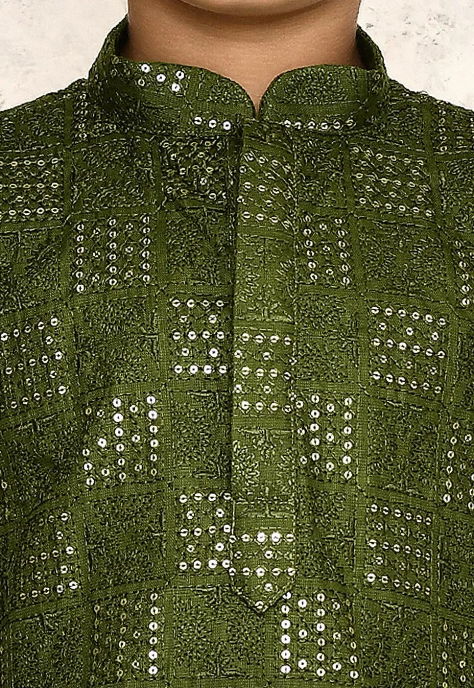 Embroidered Cotton Kurta in Olive Green