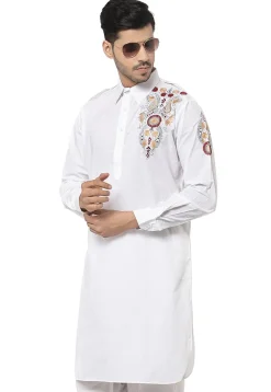 Embroidered Cotton Kurta in White