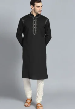 Embroidered Cotton Kurta Set in Black