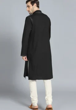 Embroidered Cotton Kurta Set in Black