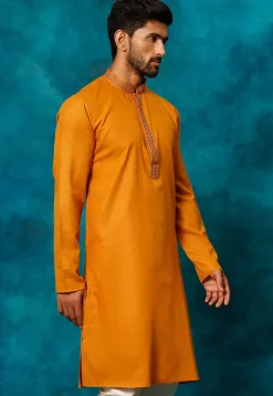 Embroidered Cotton Kurta Set in Mustard