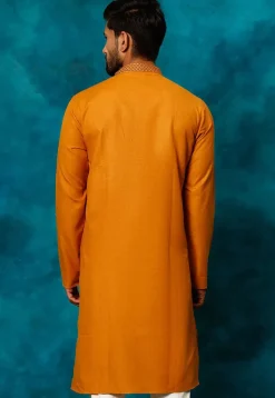 Embroidered Cotton Kurta Set in Mustard