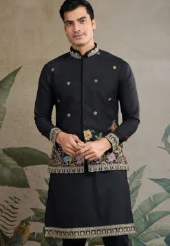 Embroidered Cotton Kurta with Jacket in Black