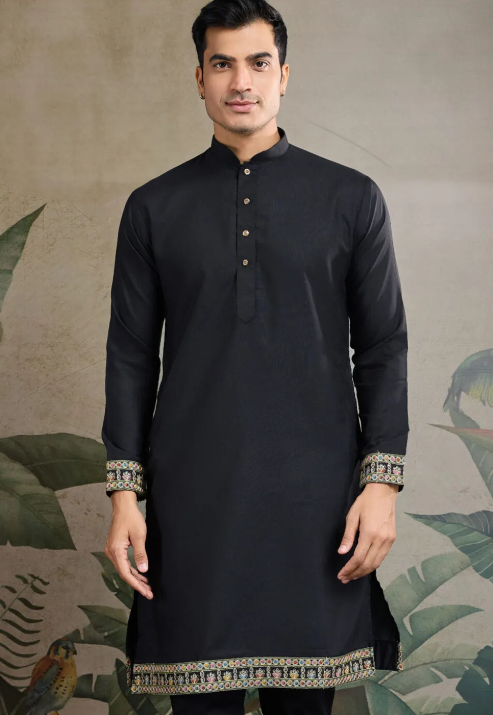 Embroidered Cotton Kurta with Jacket in Black