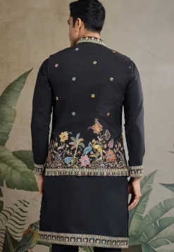 Embroidered Cotton Kurta with Jacket in Black