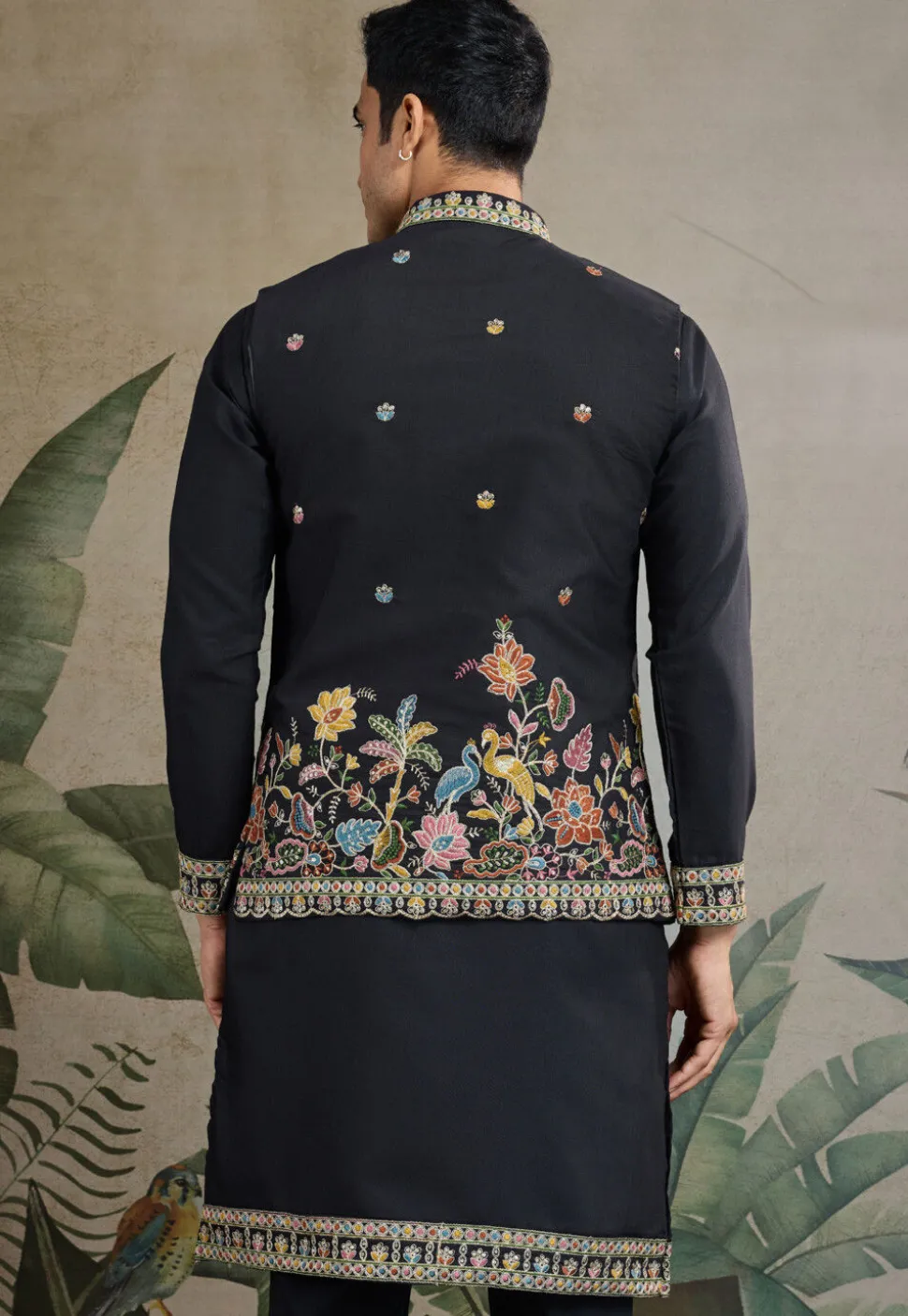 Embroidered Cotton Kurta with Jacket in Black