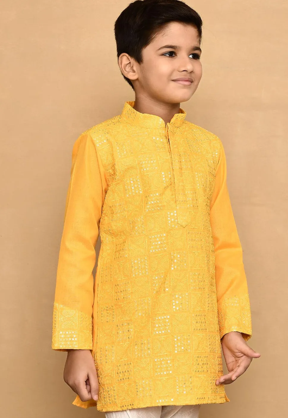 Embroidered Cotton Kurta in Yellow