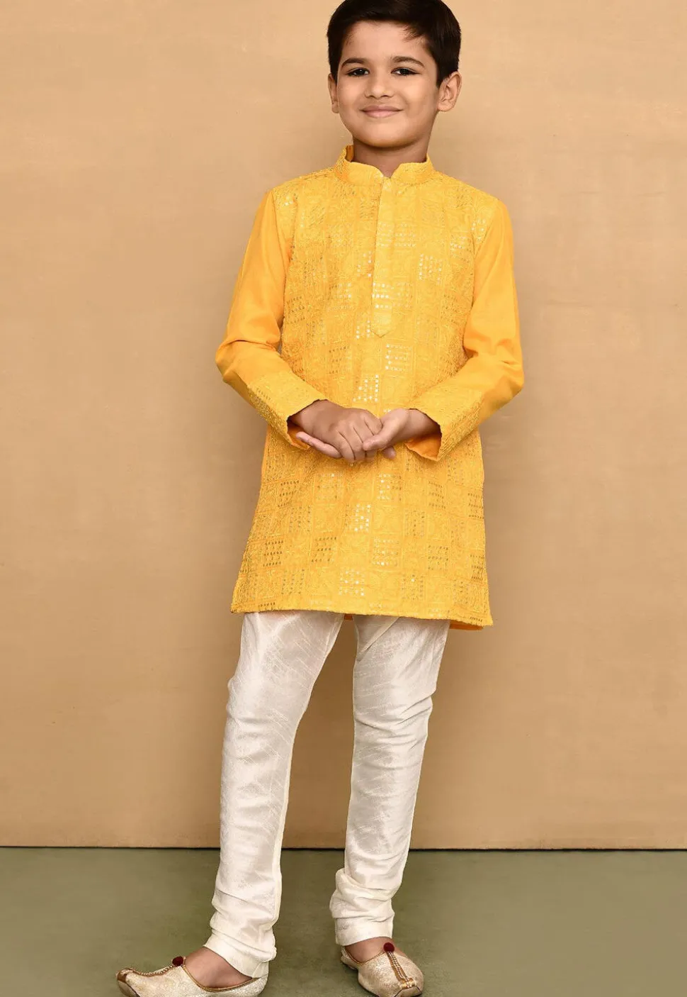 Embroidered Cotton Kurta in Yellow