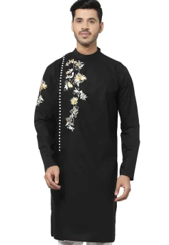 Embroidered Cotton Kurta in Black
