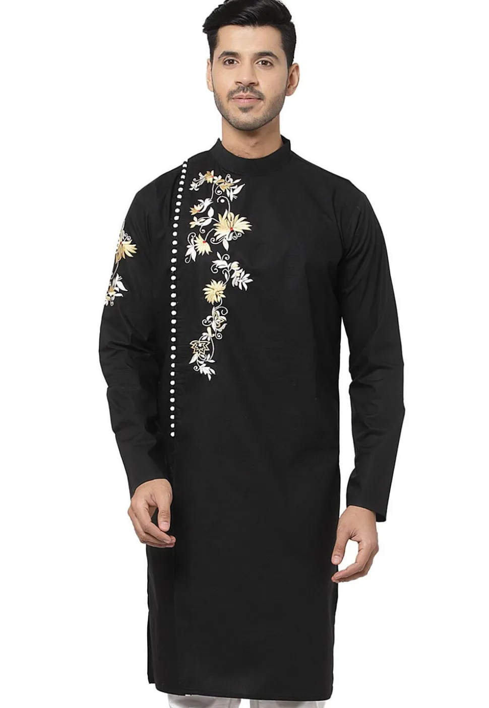 Embroidered Cotton Kurta in Black