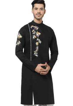 Embroidered Cotton Kurta in Black