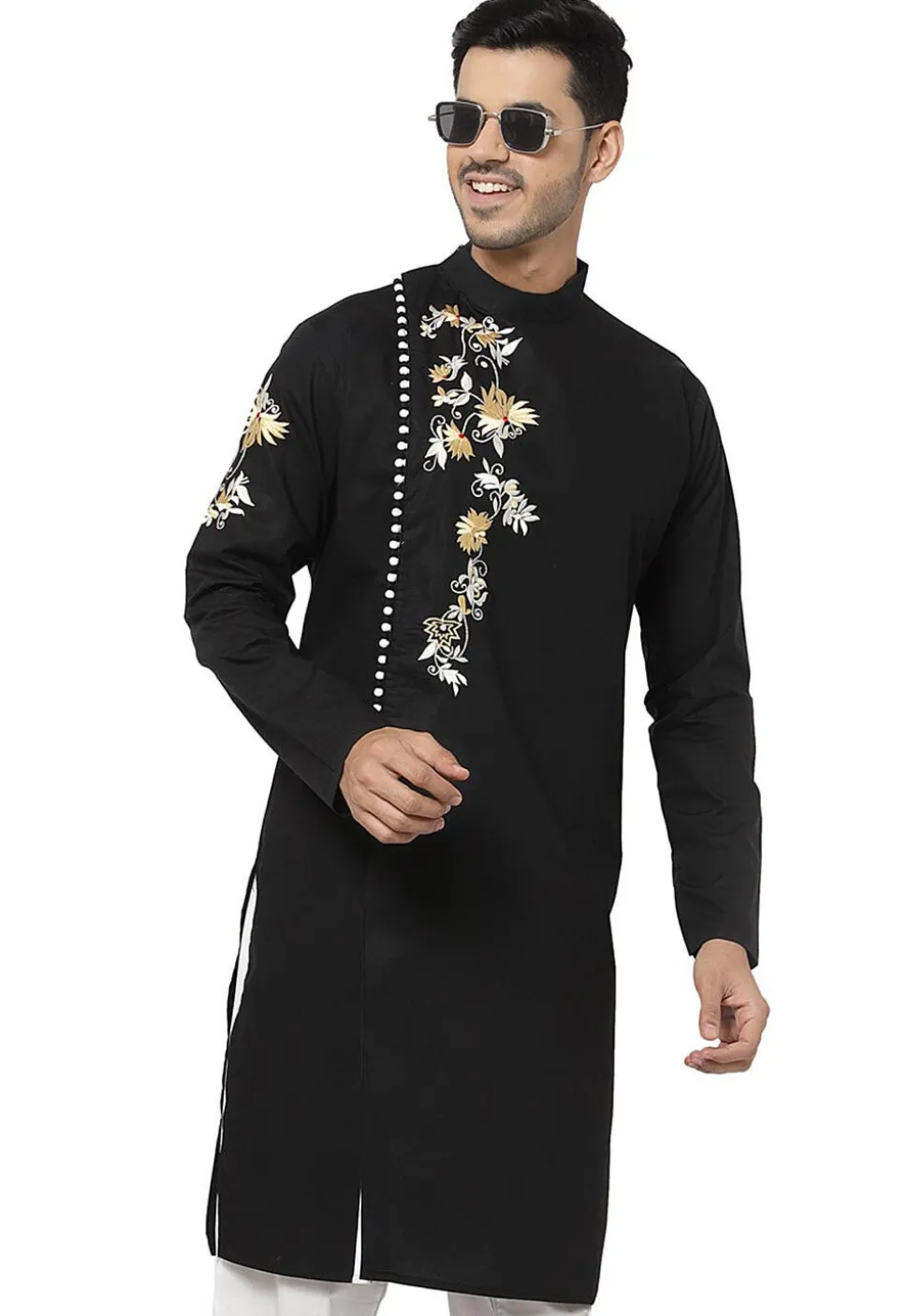 Embroidered Cotton Kurta in Black