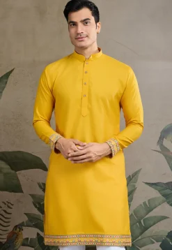 Embroidered Cotton Kurta with Jacket in Yellow